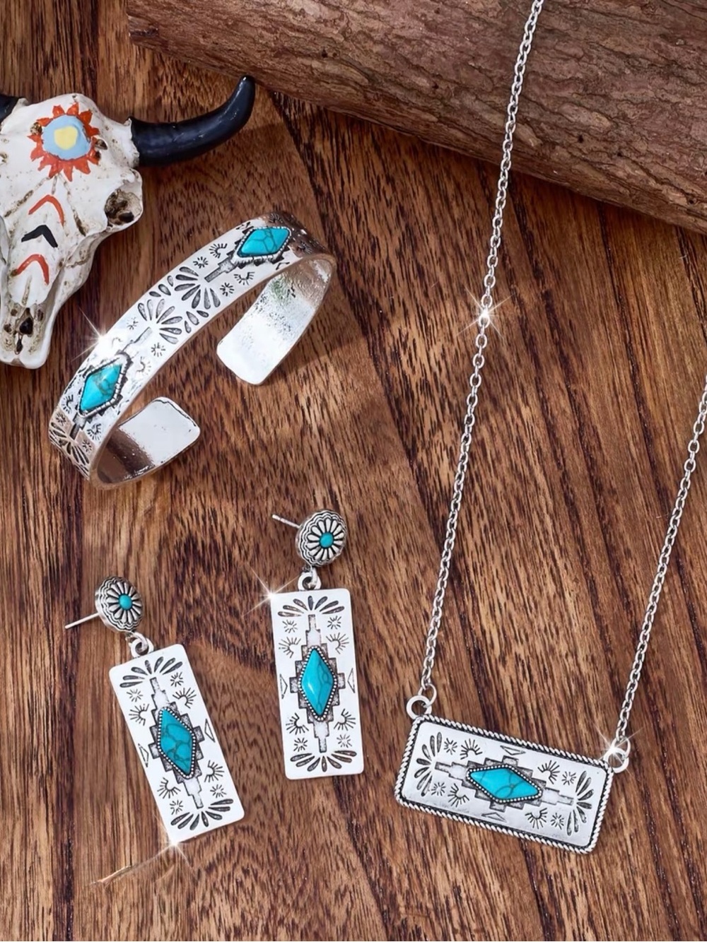 Turquoise Accent Silver Pendant Necklace and Earring Set - Women Jewelry